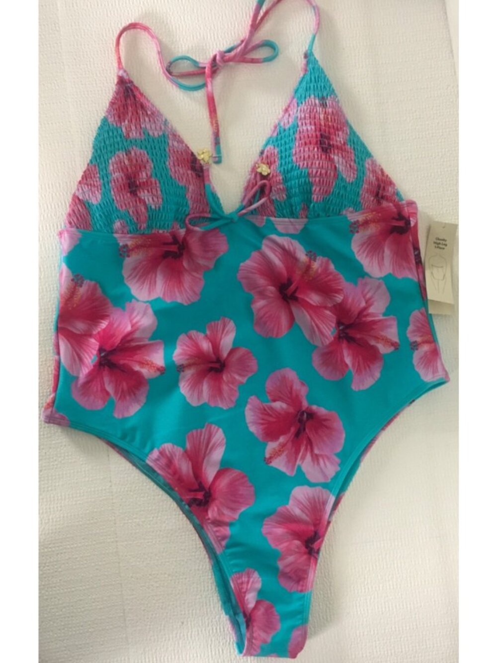 No Boundaries One Piece Swim Suit Size M Blue Cheeky High Leg Pink Flowers New